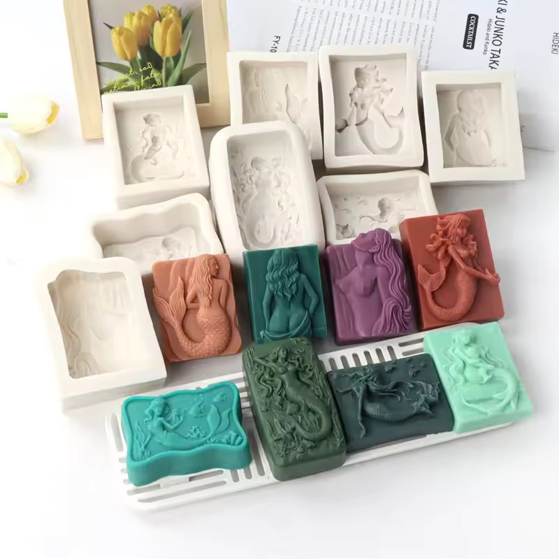 Candle Making Class - 長方形オーシャンスタイル3DマーメイドキャンドルモールドDIYレリーフマーメイドソープシリコンモールド手作りチョコレートアイスキューブ作成ツールデコレーション